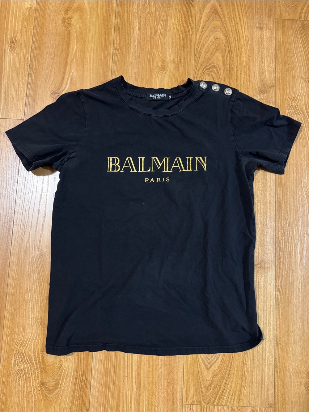 Balmain Black T-Shirt with Gold Logo and Shoulder Buttons